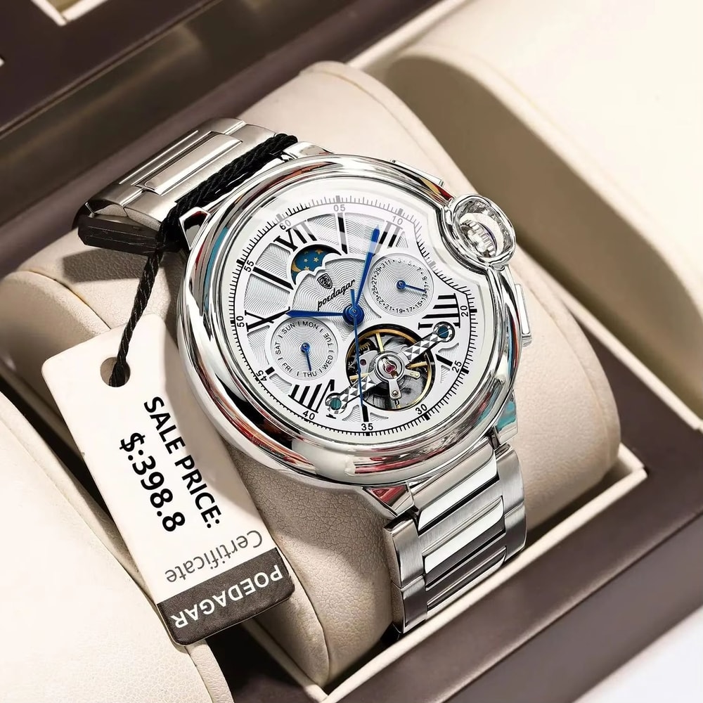 POEDAGAR Hollow Tourbillon Automatic Mechanical Watch For Men Luxury Stainless Steel Waterproof Wri 0