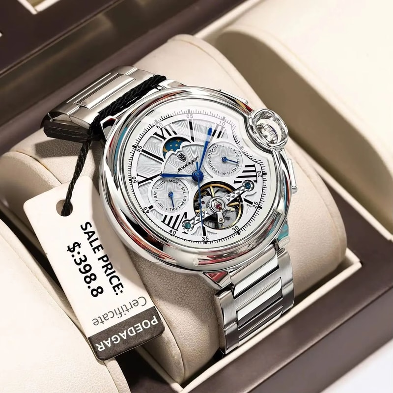 POEDAGAR Hollow Tourbillon Automatic Mechanical Watch For Men Luxury Stainless Steel Waterproof Wri 0