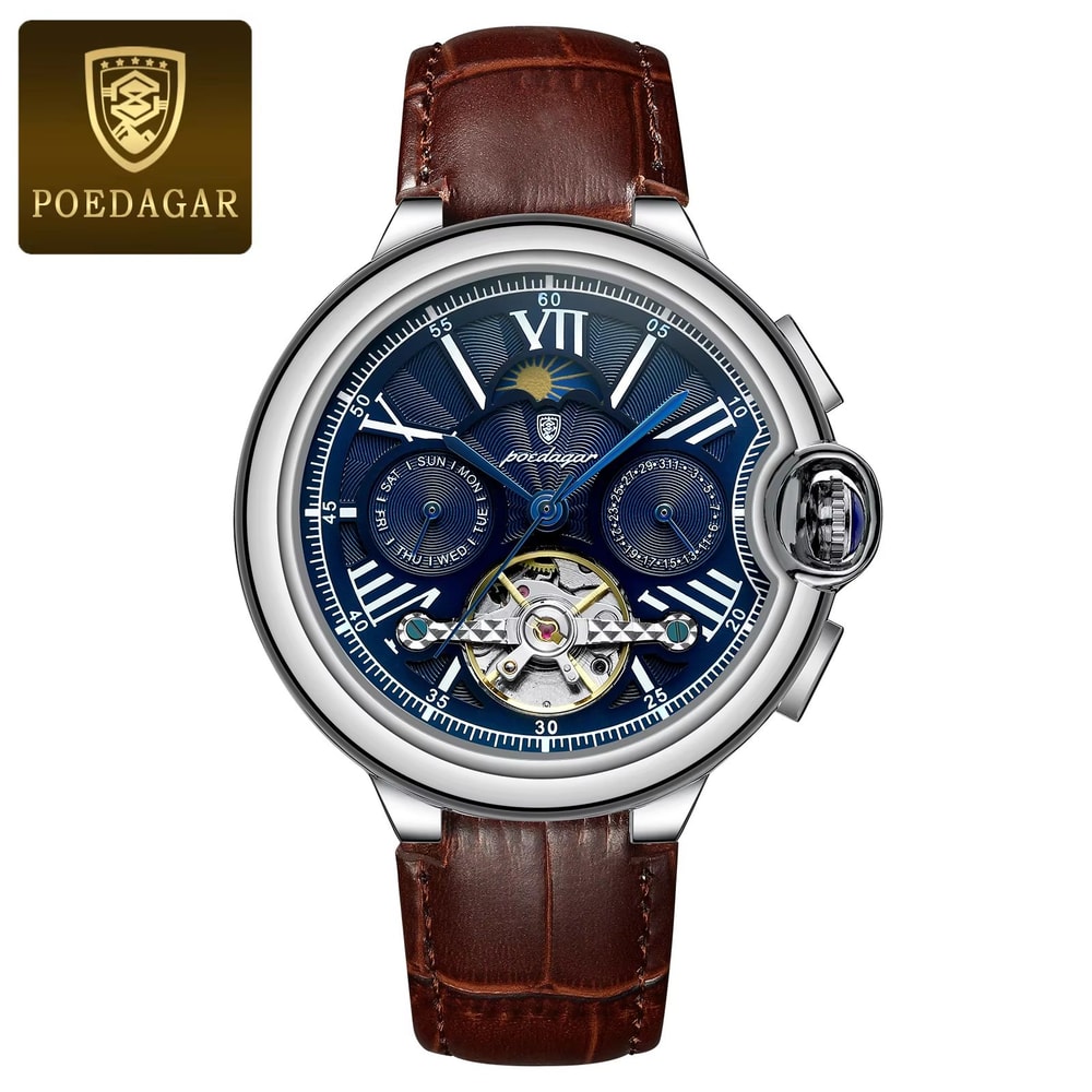 POEDAGAR Hollow Tourbillon Automatic Mechanical Watch For Men Luxury Stainless Steel Waterproof Wri 12