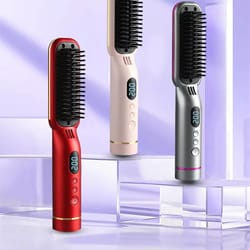 wireless negative ion hair straightener comb 2-in-1 rechargeable hair styling brush with led display
