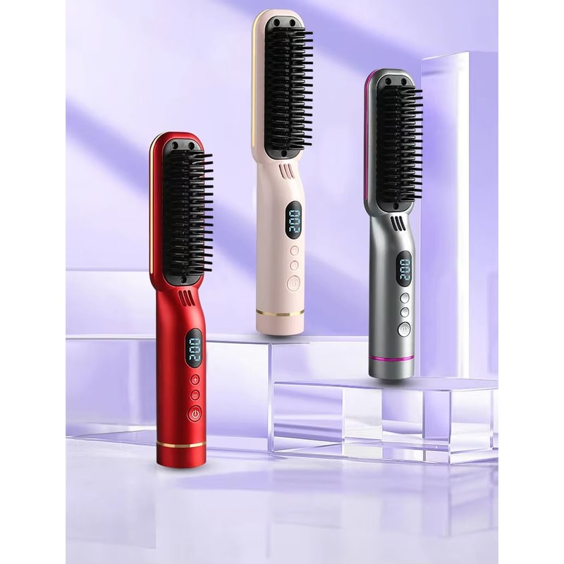 Wireless Negative Ion Hair Straightener Comb 2in1 Rechargeable Hair Styling Brush With LED Display 0