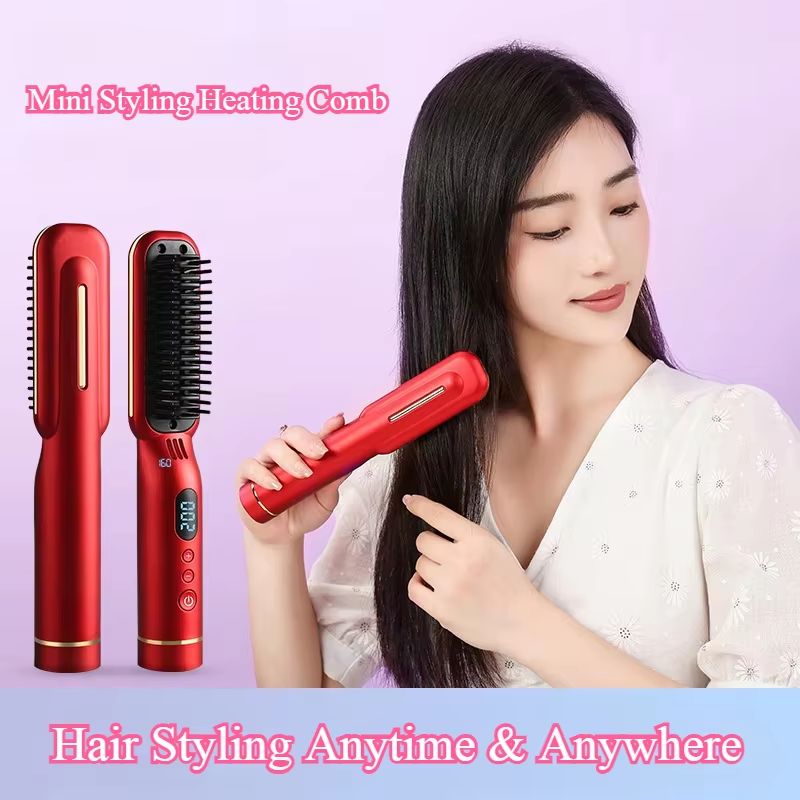 Wireless Negative Ion Hair Straightener Comb 2in1 Rechargeable Hair Styling Brush With LED Display 1