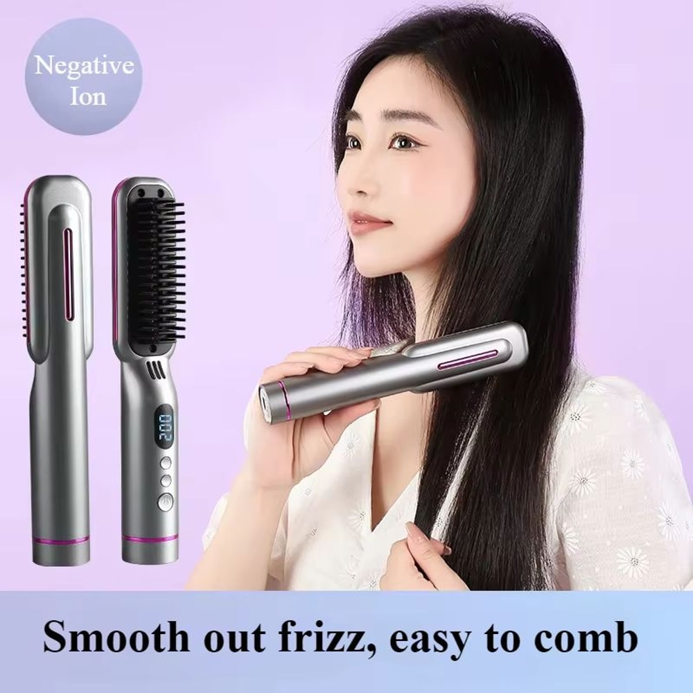 Wireless Negative Ion Hair Straightener Comb 2in1 Rechargeable Hair Styling Brush With LED Display 2