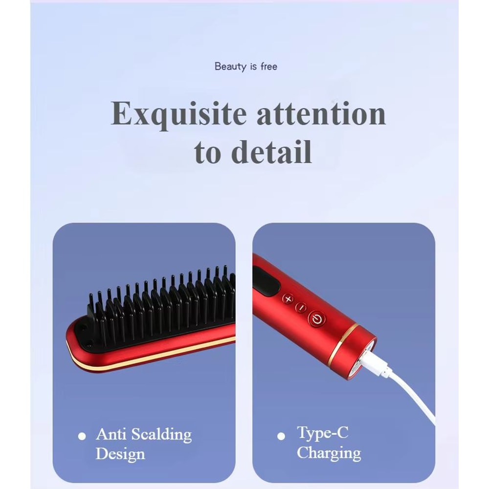 Wireless Negative Ion Hair Straightener Comb 2in1 Rechargeable Hair Styling Brush With LED Display 4