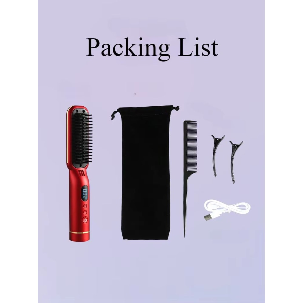Wireless Negative Ion Hair Straightener Comb 2in1 Rechargeable Hair Styling Brush With LED Display 5
