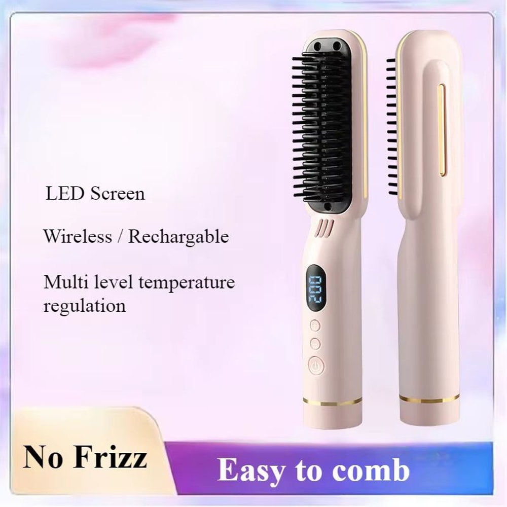 Wireless Negative Ion Hair Straightener Comb 2in1 Rechargeable Hair Styling Brush With LED Display 8