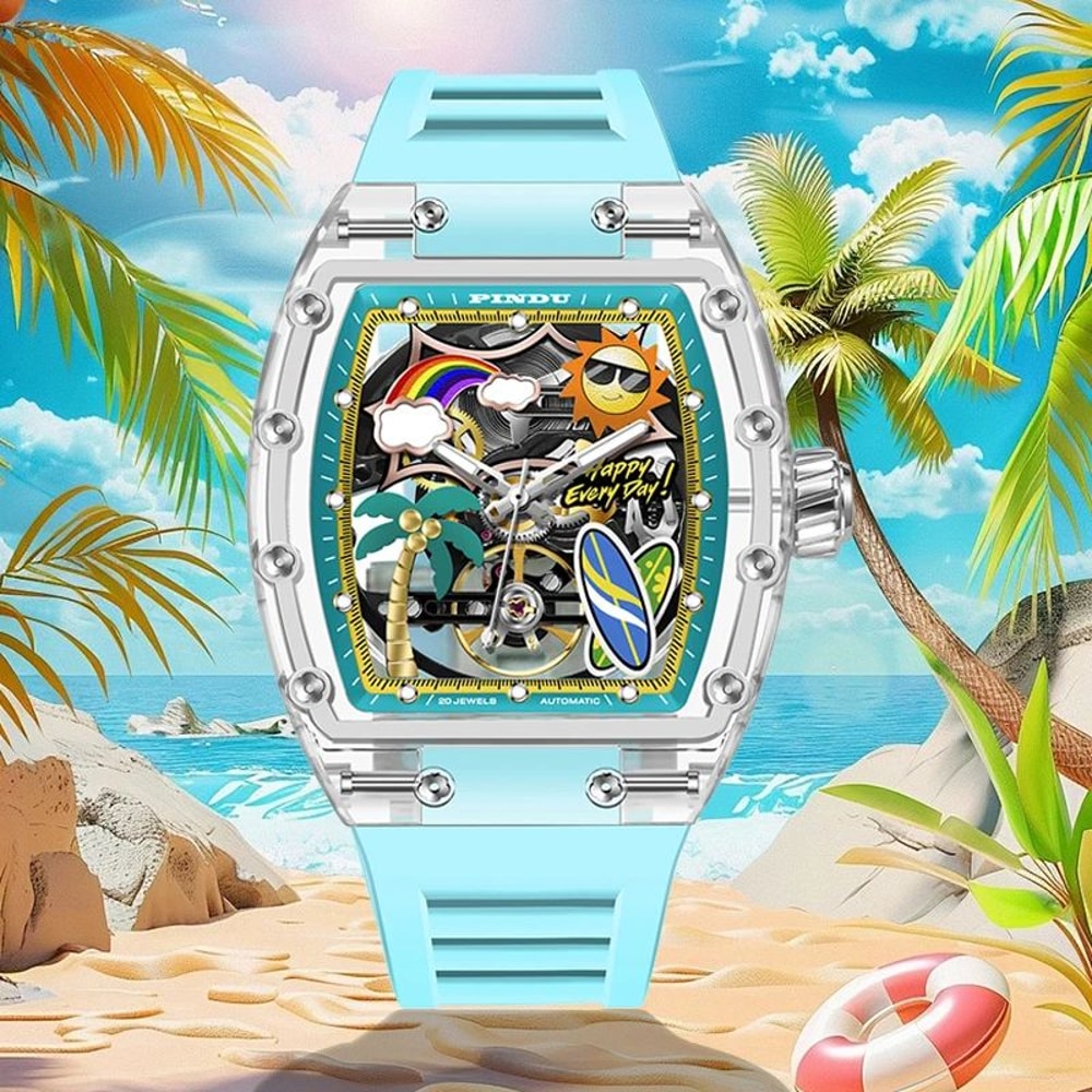 PINDU Unique Dial Mechanical Watch For Men Waterproof Summer Sport Watch With Silicone Strap 0