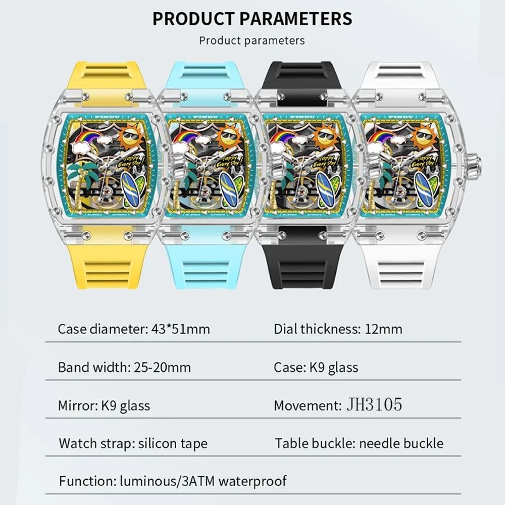PINDU Unique Dial Mechanical Watch For Men Waterproof Summer Sport Watch With Silicone Strap 5