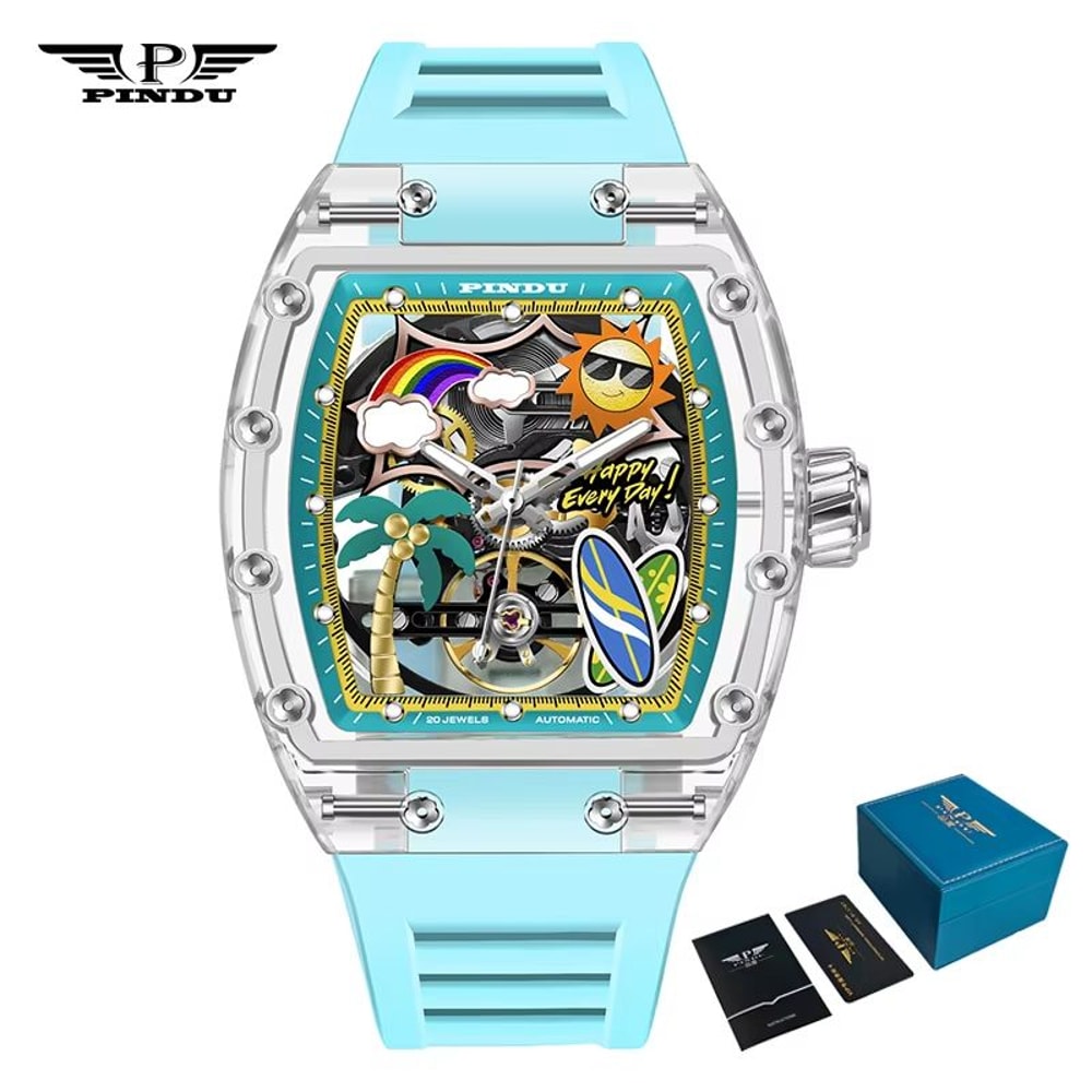 PINDU Unique Dial Mechanical Watch For Men Waterproof Summer Sport Watch With Silicone Strap 6