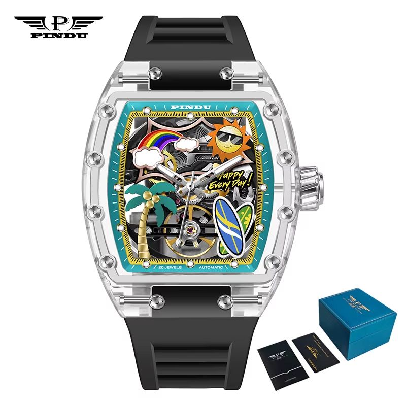 PINDU Unique Dial Mechanical Watch For Men Waterproof Summer Sport Watch With Silicone Strap 8