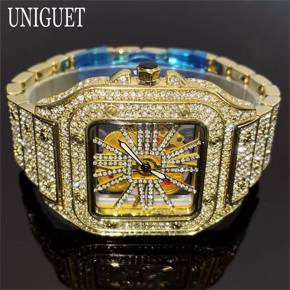 Luxury Iced Out Square Watch Gold Hip Hop Diamond Quartz Watch For Men 0