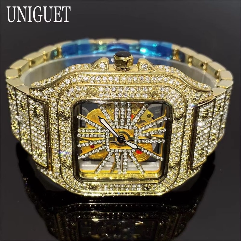 Luxury Iced Out Square Watch Gold Hip Hop Diamond Quartz Watch For Men 0