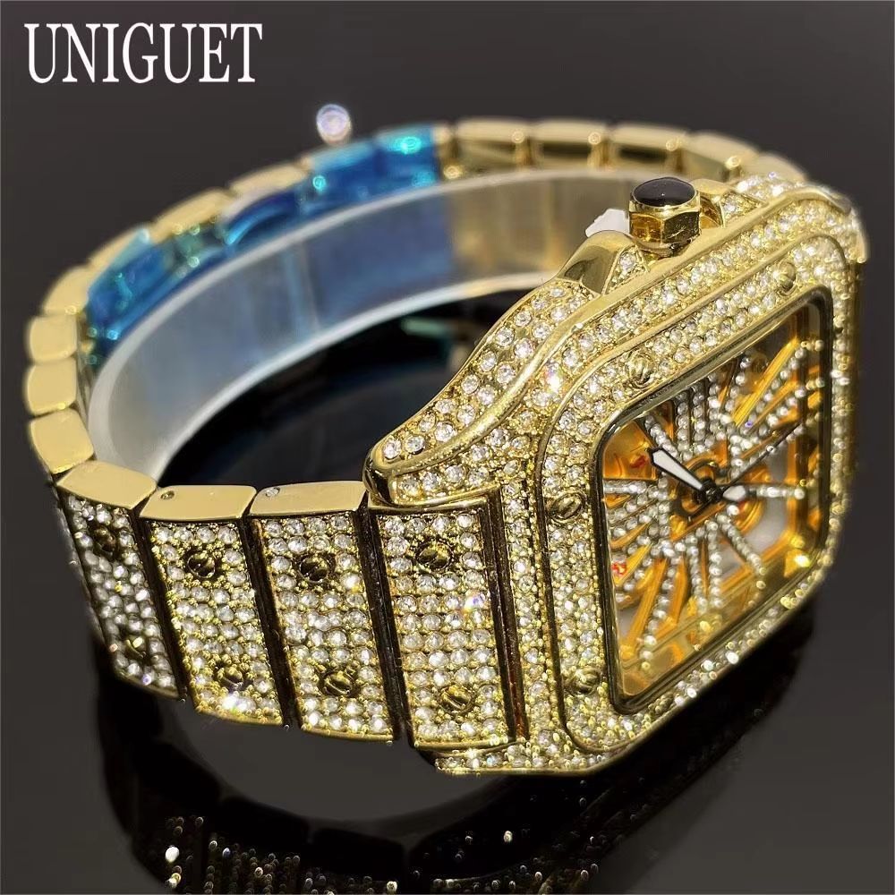 Luxury Iced Out Square Watch Gold Hip Hop Diamond Quartz Watch For Men 1
