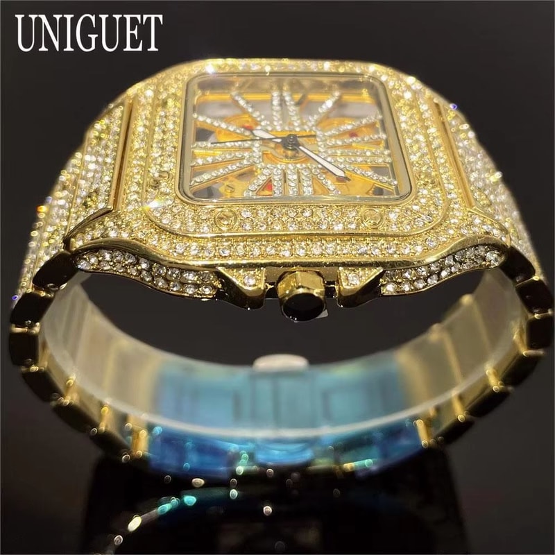 Luxury Iced Out Square Watch Gold Hip Hop Diamond Quartz Watch For Men 2