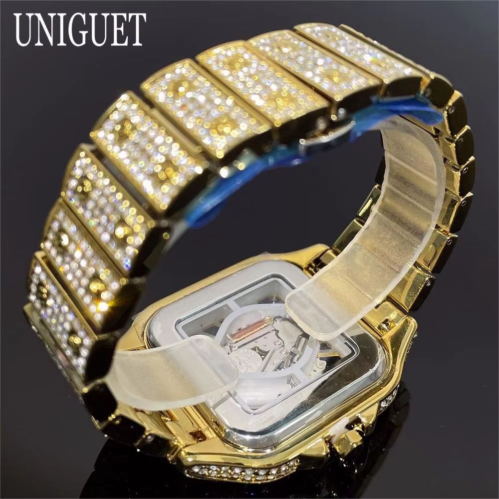 Luxury Iced Out Square Watch Gold Hip Hop Diamond Quartz Watch For Men 4