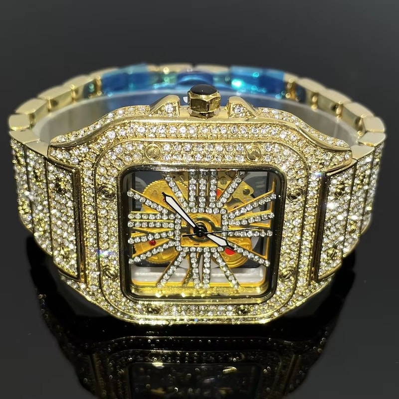 Luxury Iced Out Square Watch Gold Hip Hop Diamond Quartz Watch For Men 6