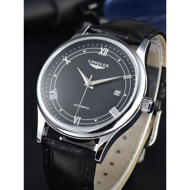 LONGLUX Automatic Mechanical Mens Watch Classic Leather Strap Watch With Date Display 0