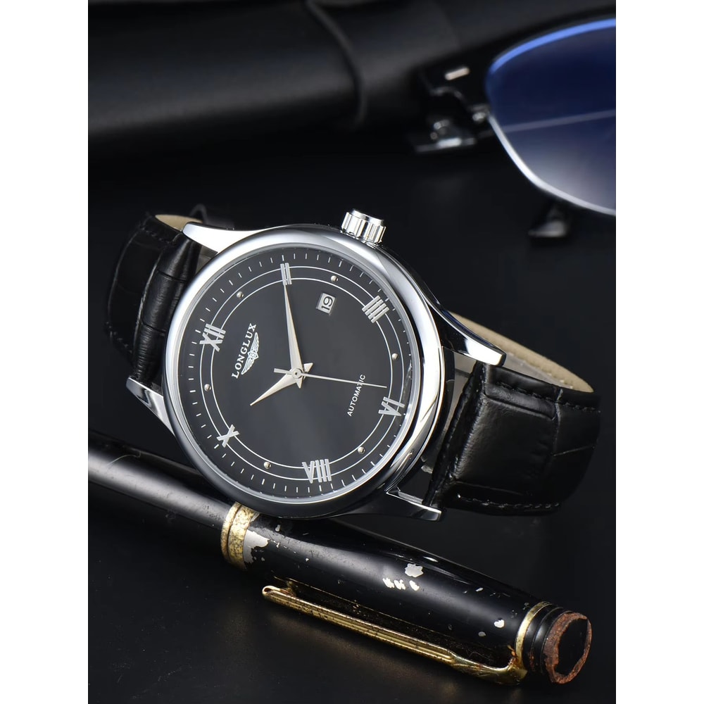 LONGLUX Automatic Mechanical Mens Watch Classic Leather Strap Watch With Date Display 1