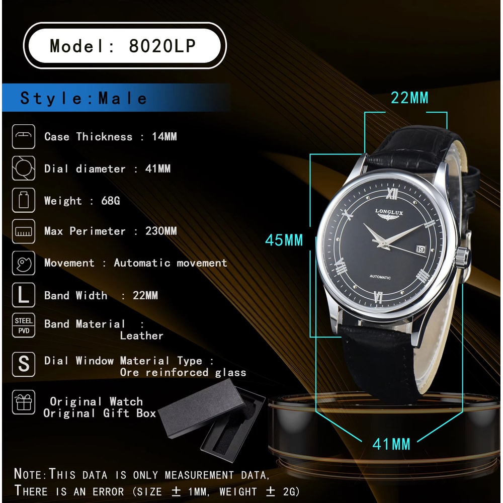 LONGLUX Automatic Mechanical Mens Watch Classic Leather Strap Watch With Date Display 3