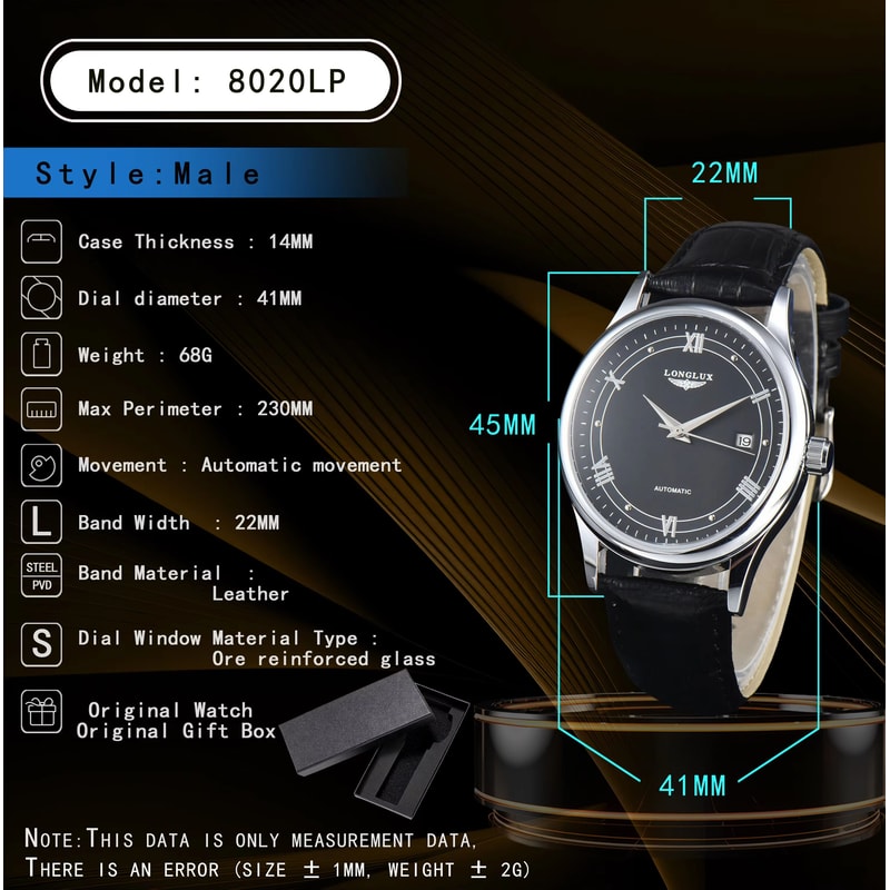 LONGLUX Automatic Mechanical Mens Watch Classic Leather Strap Watch With Date Display 3