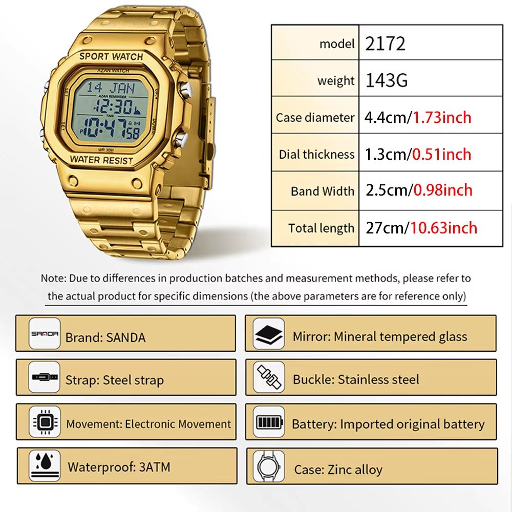 SANDA Golden LED Digital Sports Watch With Alarm Chronograph And Date 3