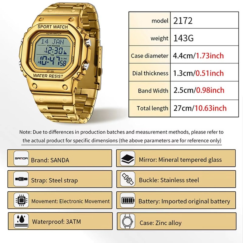 SANDA Golden LED Digital Sports Watch With Alarm Chronograph And Date 3