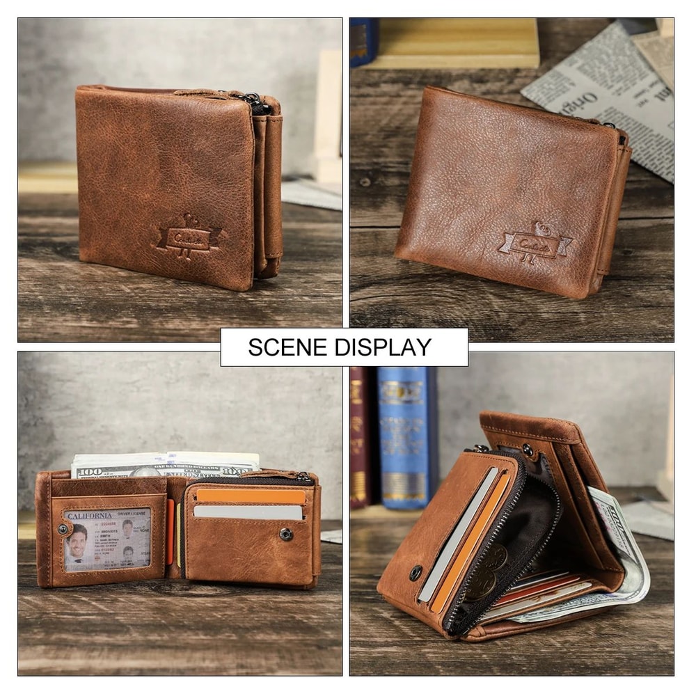 CONTACTS Crazy Horse Leather Vintage Trifold Wallet With Zip Coin Pocket 3