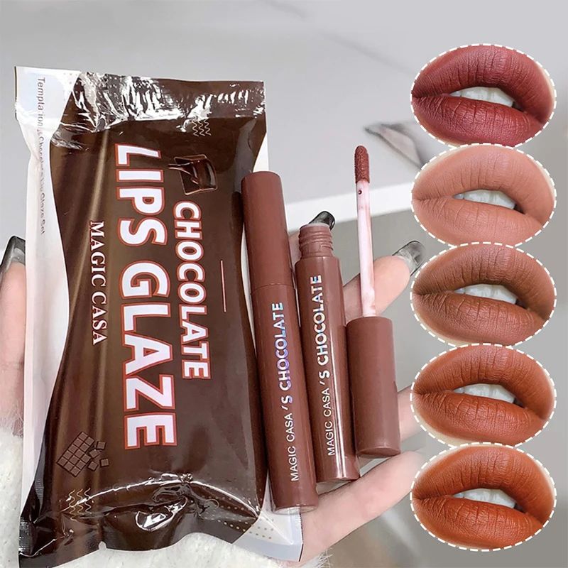Chocolate Lip Glaze Set 5 Shade Matte Lipstick Set Long Lasting Velvet Lip Color 4