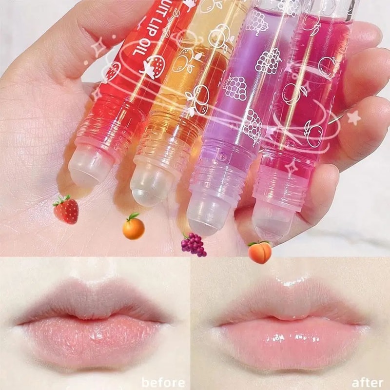 6 Color Roll On Lip Oil Fruit Essence Hydrating Lip Balm Gloss With Mirror 3