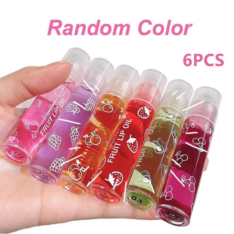 6 Color Roll On Lip Oil Fruit Essence Hydrating Lip Balm Gloss With Mirror 11