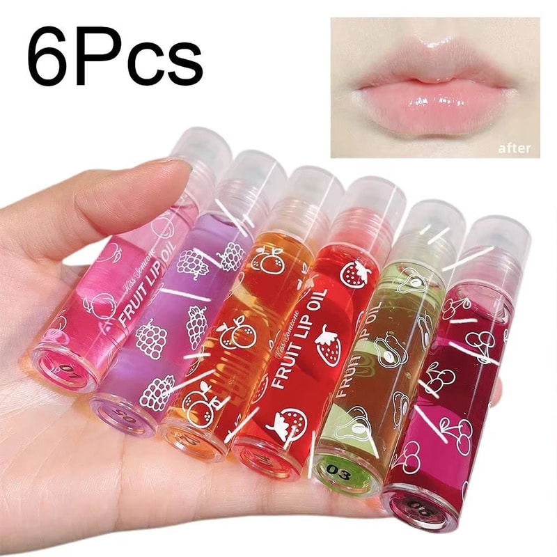 6 Color Roll On Lip Oil Fruit Essence Hydrating Lip Balm Gloss With Mirror 12