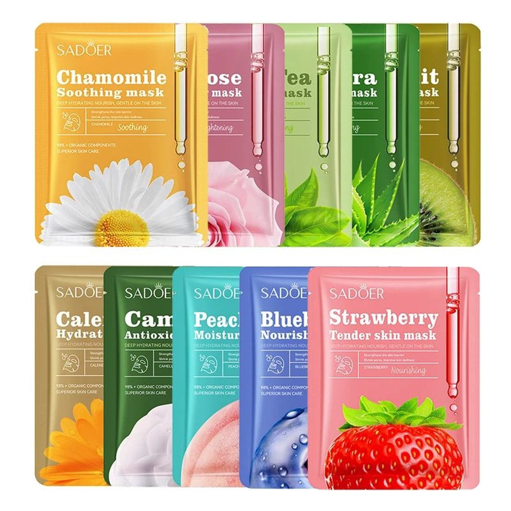 SADOER Fruit Floral Face Mask Set 10pcs Hydrating Chamomile Blueberry Facial Mask For Brightening A 0