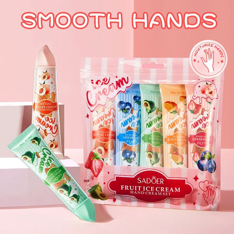 SADOER Fruit Ice Cream Hand Cream Set 5pcs Hydrating Moisturizing Hand Cream For Soft Brightened Ha 4