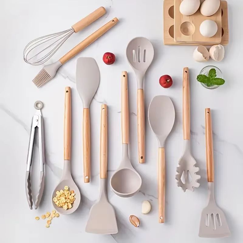 12 Piece Silicone Kitchen Utensil Set With Wooden Handles For Nonstick Cookware 1