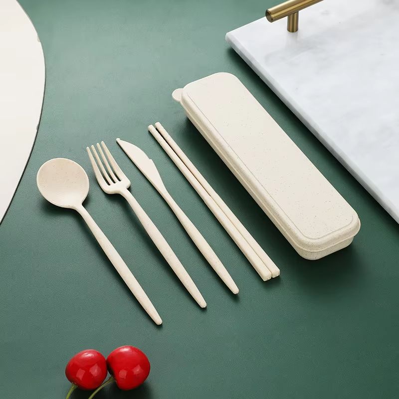Portable Wheat Straw Cutlery Set 4 Piece Travel Utensil Set With Chopsticks Reusable Tableware Kit 9