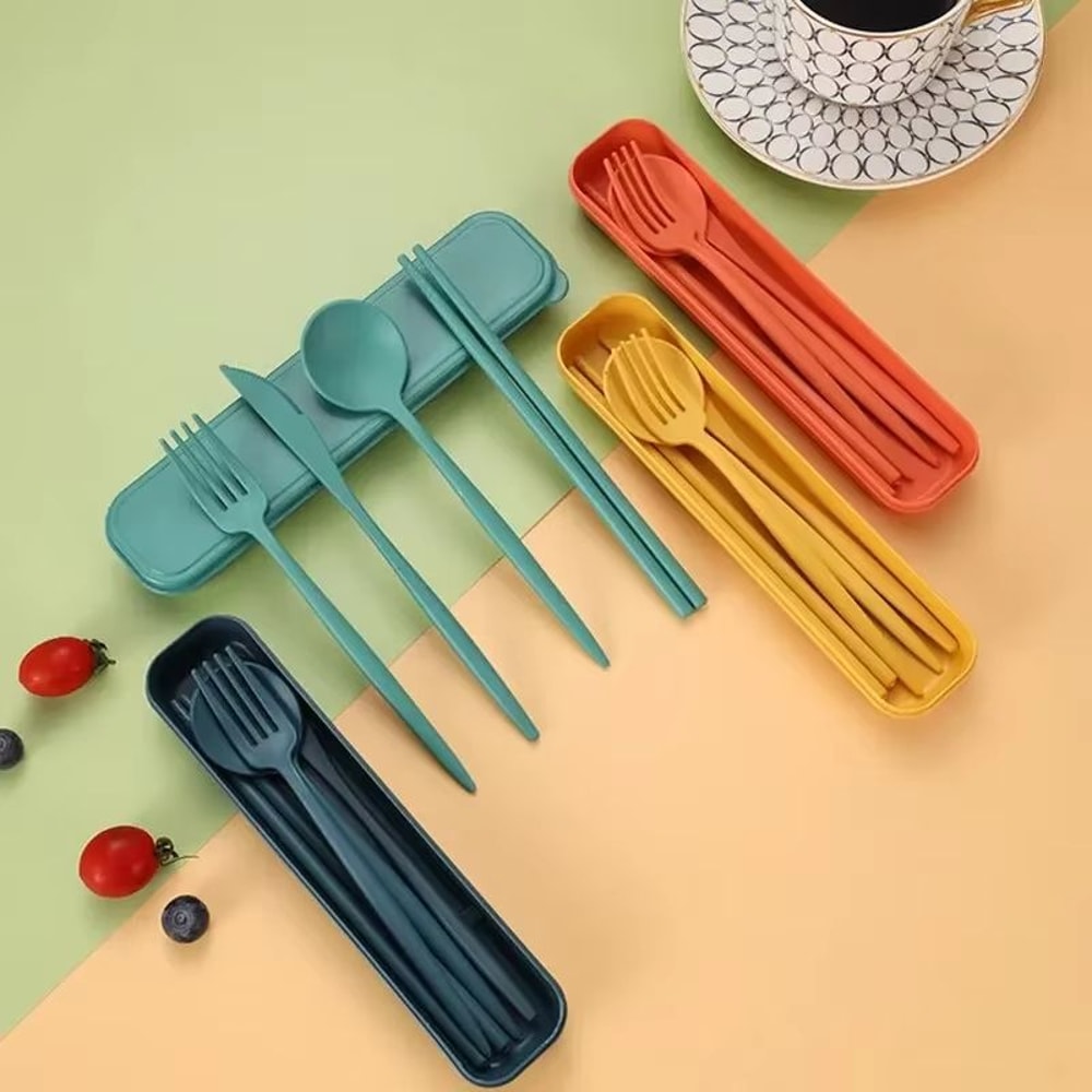 Portable Wheat Straw Cutlery Set 4 Piece Travel Utensil Set With Chopsticks Reusable Tableware Kit 5