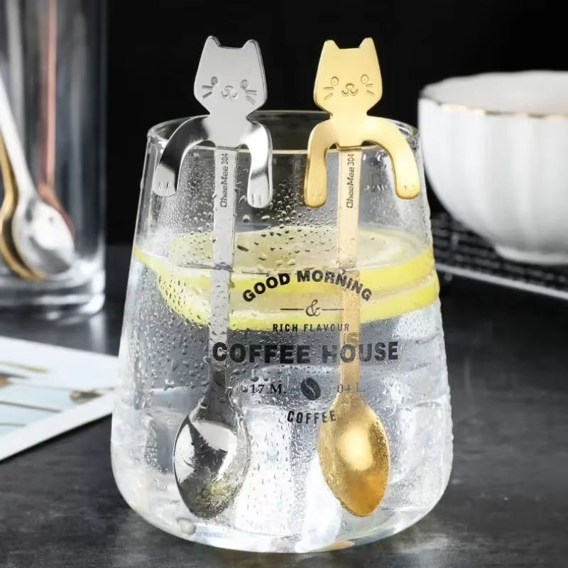 Creative 304 Stainless Steel Cat Coffee Spoon Hanging Edge Cute Stirring Spoon Set Gold Plated Teas 1