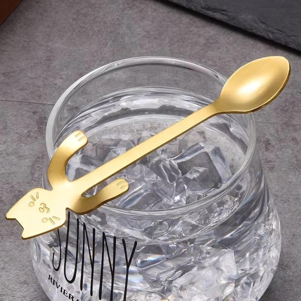 Creative 304 Stainless Steel Cat Coffee Spoon Hanging Edge Cute Stirring Spoon Set Gold Plated Teas 2