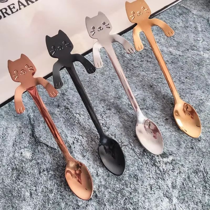 Creative 304 Stainless Steel Cat Coffee Spoon Hanging Edge Cute Stirring Spoon Set Gold Plated Teas 3