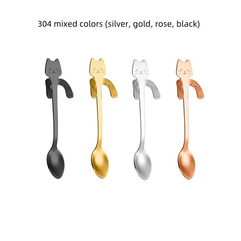 Creative 304 Stainless Steel Cat Coffee Spoon Hanging Edge Cute Stirring Spoon Set Gold Plated Teas 5