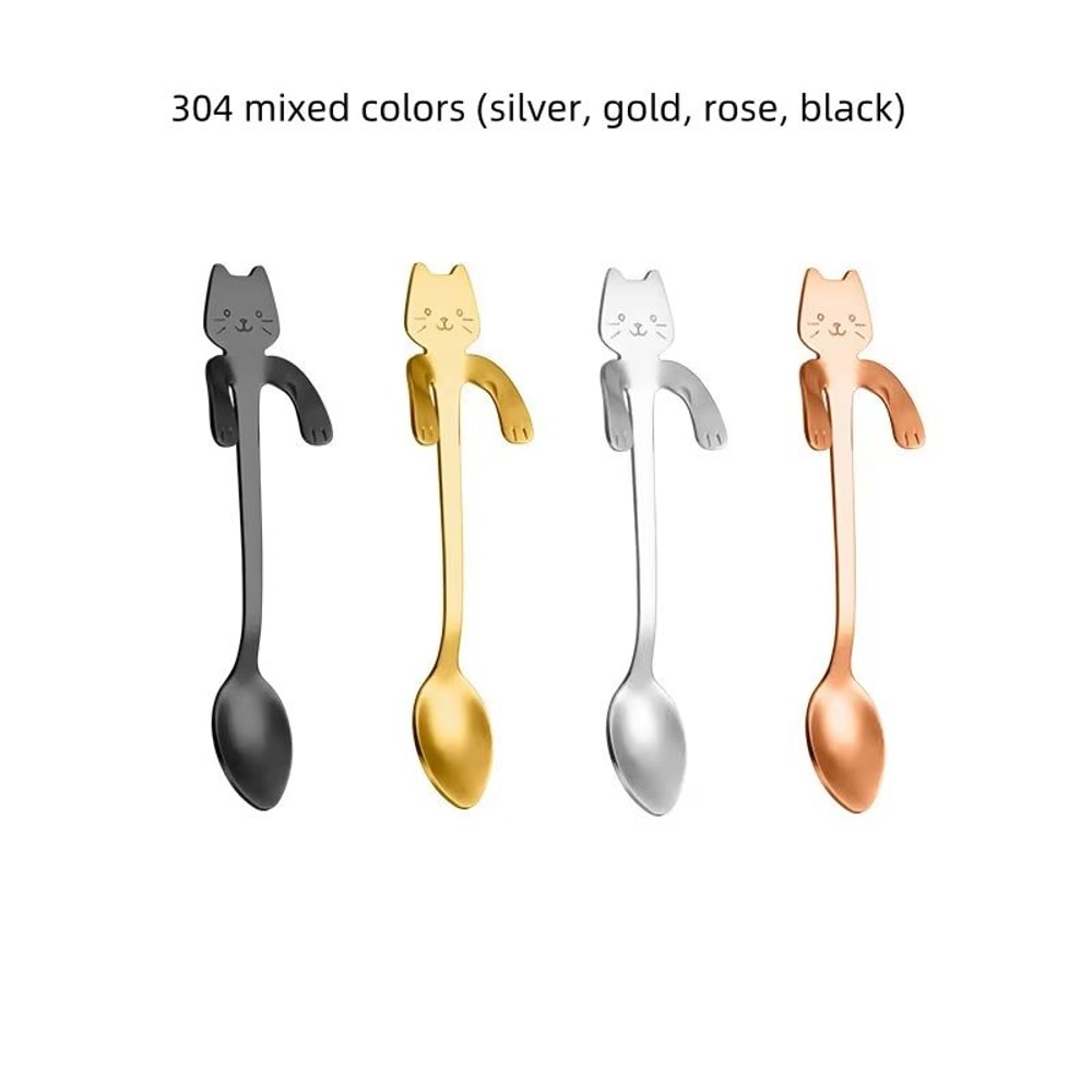 Creative 304 Stainless Steel Cat Coffee Spoon Hanging Edge Cute Stirring Spoon Set Gold Plated Teas 10