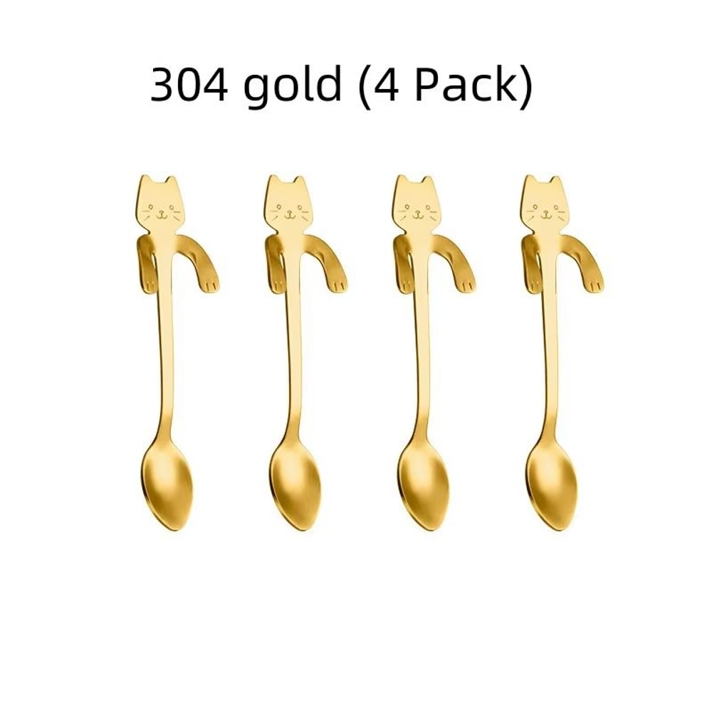 Creative 304 Stainless Steel Cat Coffee Spoon Hanging Edge Cute Stirring Spoon Set Gold Plated Teas 7