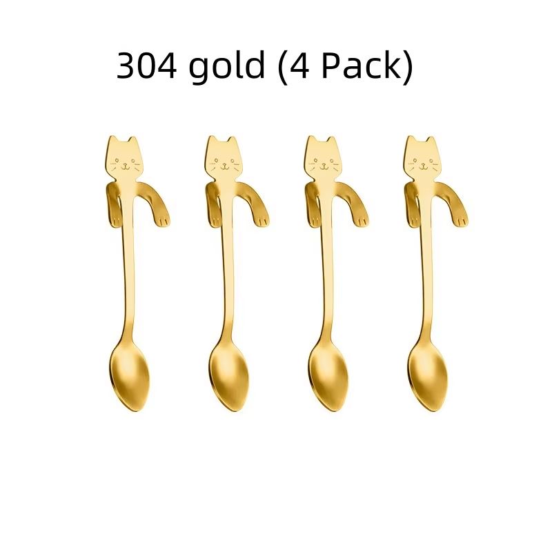 Creative 304 Stainless Steel Cat Coffee Spoon Hanging Edge Cute Stirring Spoon Set Gold Plated Teas 7