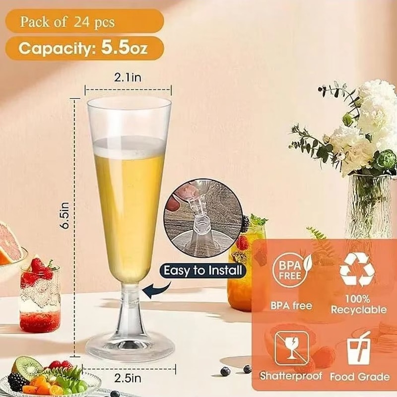 25 Pack Disposable Champagne And Cocktail Glasses Gold Rim Plastic Party Drinkware 1