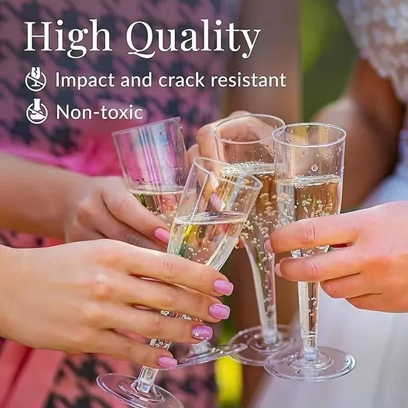 25 Pack Disposable Champagne And Cocktail Glasses Gold Rim Plastic Party Drinkware 4