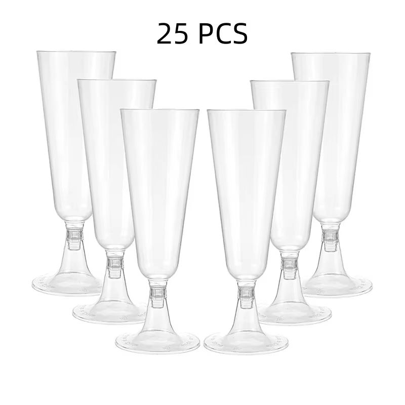 25 Pack Disposable Champagne And Cocktail Glasses Gold Rim Plastic Party Drinkware 7