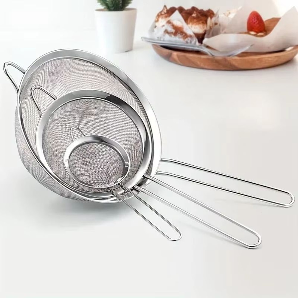 3 Piece Stainless Steel Fine Mesh Strainer Set With Handle For Baking And Cooking 1