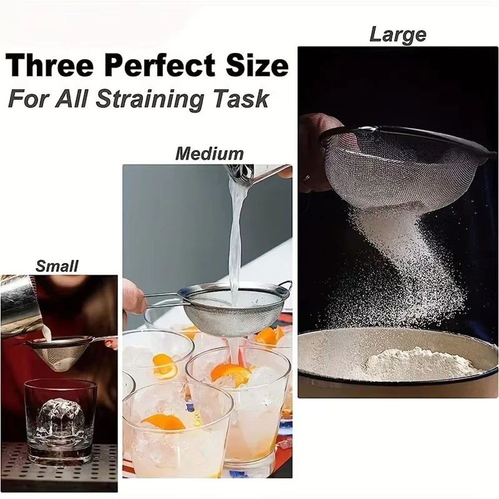 3 Piece Stainless Steel Fine Mesh Strainer Set With Handle For Baking And Cooking 4