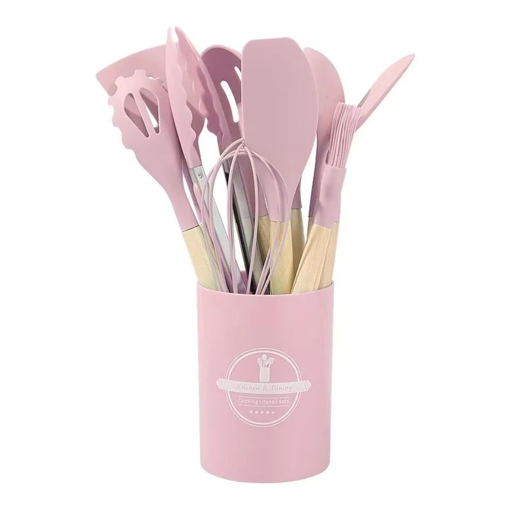 12 Piece Silicone Kitchen Utensils Set With Wooden Handles For Non Stick Cookware 9