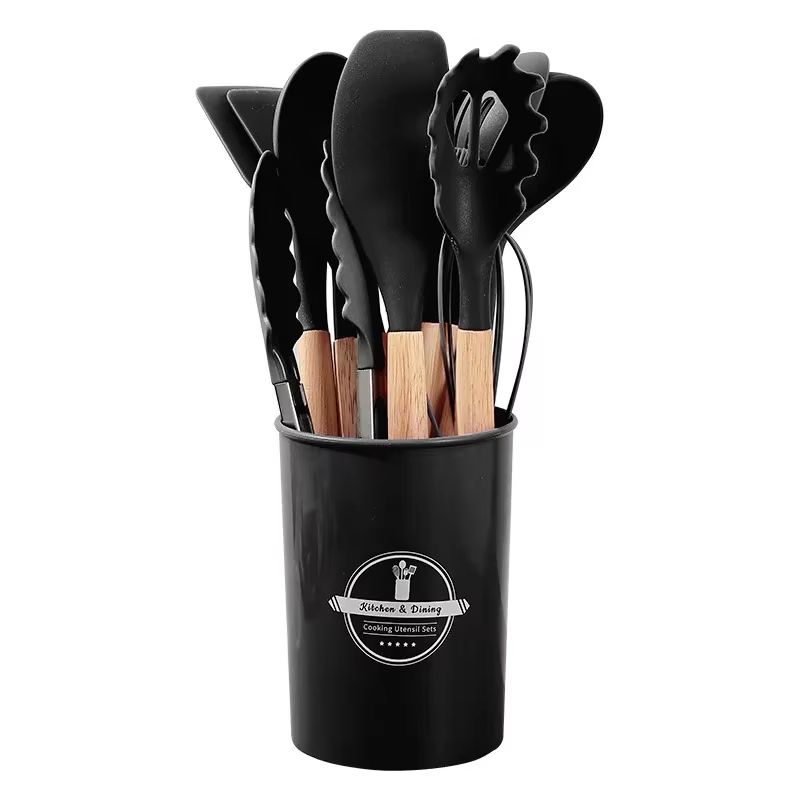 12 Piece Silicone Kitchen Utensils Set With Wooden Handles For Non Stick Cookware 10
